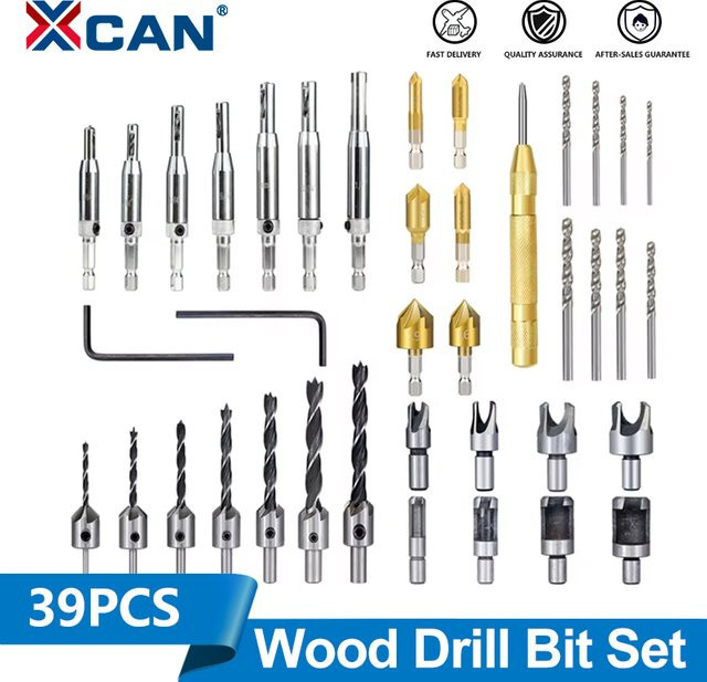 XCAN 39-teiliges Bohrer-Set für Holzstopfen mit Senkerbohrern aus HSS, selbstzentrierender Tür- und Fensterscharnier-Bohrer inklusive L-Schraubenschlüssel - Bild 1