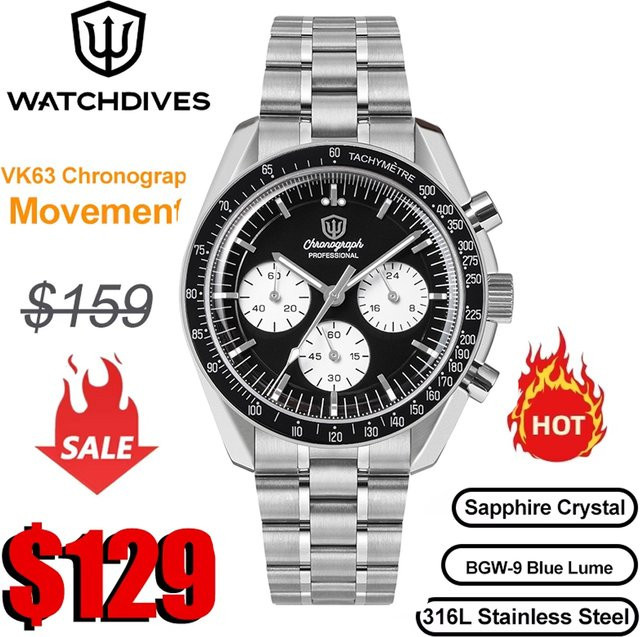 Watchdives Chronograph, Quarz, Edelstahl, Schwarz, 39 mm, Unisex - Bild 1