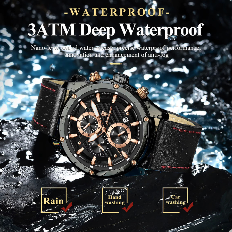 POEDAGAR Chronograph, Leder, Quarz, Schwarz, Herren - Bild 5
