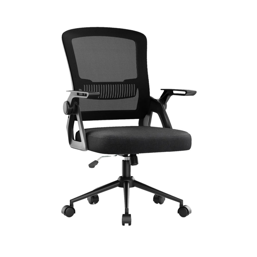 Rattantree Drehbarer Computerstuhl mit 90 Grad klappbaren Armlehnen und Lendenstütze in Schwarz mit Netzrücken und Rollen - Bild 2