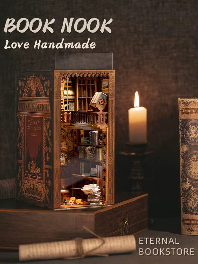 CUTEBEE DIY Book Nook Kit Eternal Bookstore Miniatur Holzpuppenhaus mit Touch Lights und Möbeln in Natur/Holzfarben - Bild 6