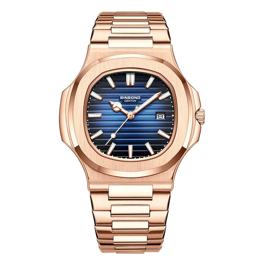BINBOND Armbanduhr Quarz, Edelstahl, Blau, Roségold, Herren - Bild 7