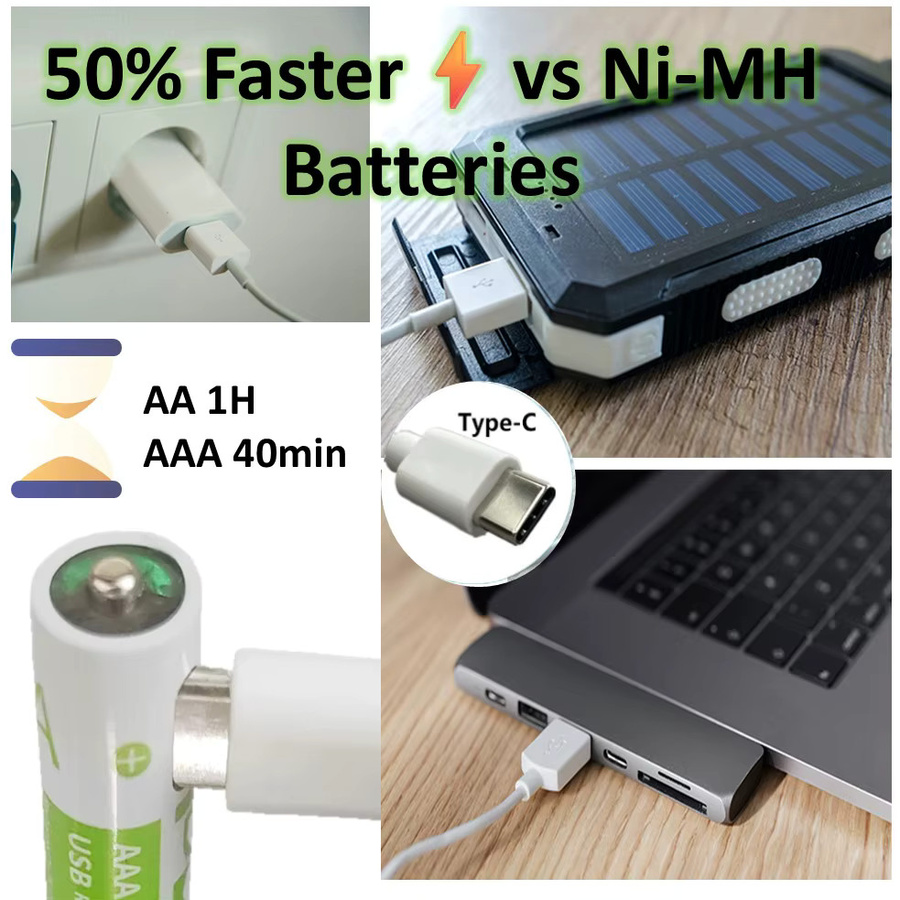 Rscrola USB-C-Ladegerät für AA und AAA Li-Ionen-Batterien mit 13600mAh und 6800mAh Akku-Set und Ladekabel - Bild 2