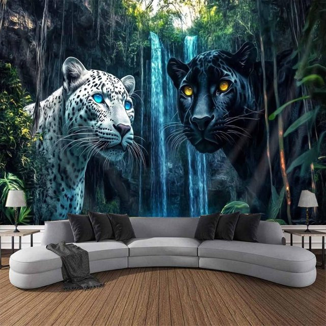 Wandteppich mit weißem und schwarzem Panther in Dschungel-Landschaft von JMG Household Supplies, Breite: 70 cm, Höhe: 100 cm - Bild 1