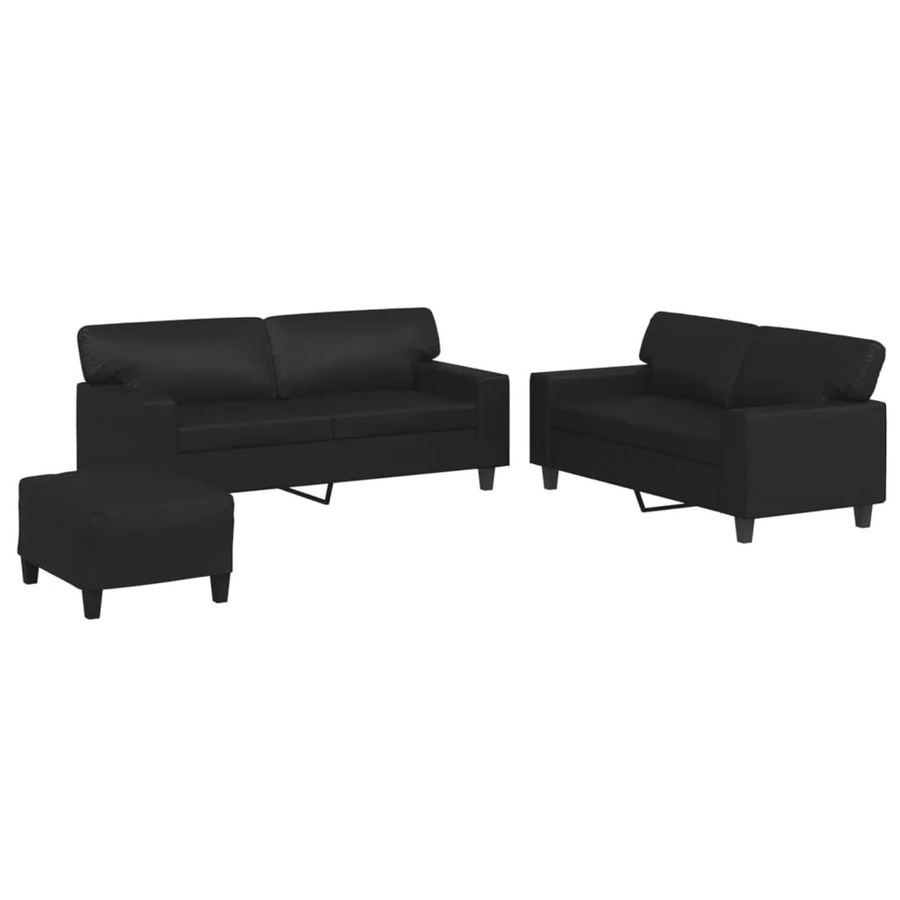 vidaXL 3-teilige Sofagarnitur in Schwarz aus Kunstleder mit passendem Ottoman und Dekokissen im modernen Design - Bild 2