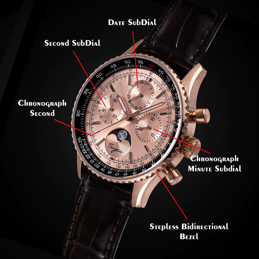 Sugess Chronograph, Moonphase, Automatik, Edelstahl, Roségold, Leder, Herren - Bild 3