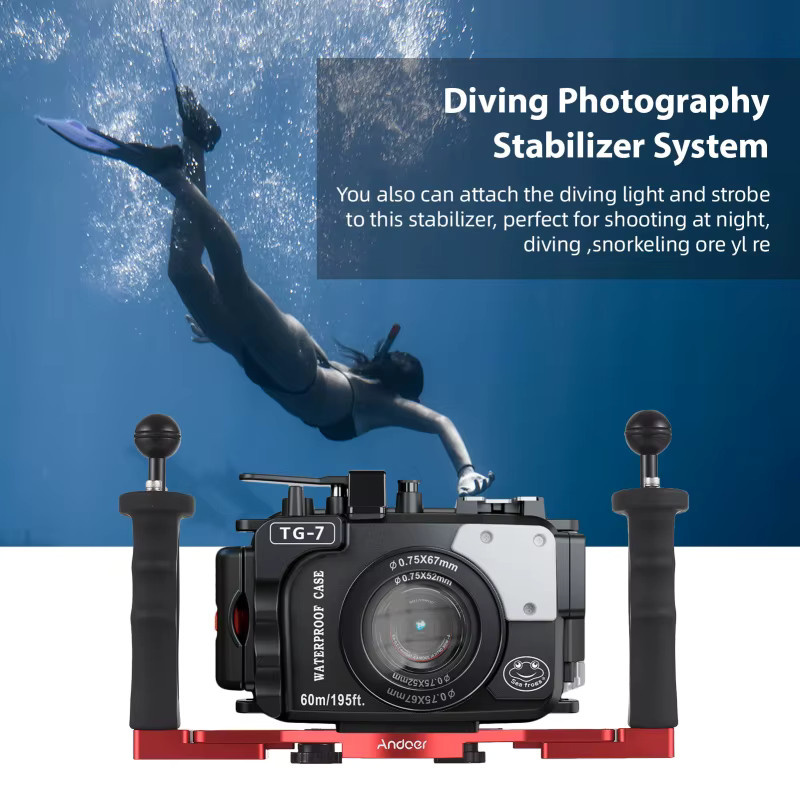 Tragbares wasserdichtes Unterwasser-Stabilisatorgehäuse mit Doppelgriff für GoPro, Canon, Sony, Nikon und DSLR in Rot - Bild 1