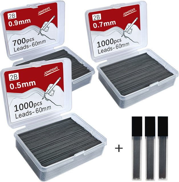 MROOFUL Minen für Minenbleistifte 2B Schwarz, 0.5 mm, 0.7 mm, 0.9 mm, 2 Röhren für Kunst und Zeichnen - Bild 1