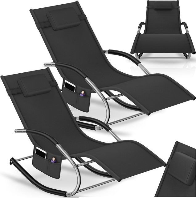 tectake Gartenliege Taya Set 2er Schwarz mit Textilene-Gewebe, ergonomischer Form, Schwingbewegung und verstellbarem Kopfpolster, B/T/H: 142 x 62 x 92 cm - Bild 1