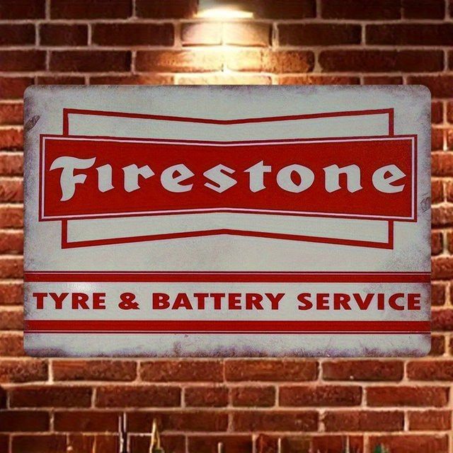 Vintage Firestone Tire & Battery Service Metallschild in Rot als Retro-Wanddekoration für Garage und Werkstatt, B/H: 20 x 14 cm - Bild 1