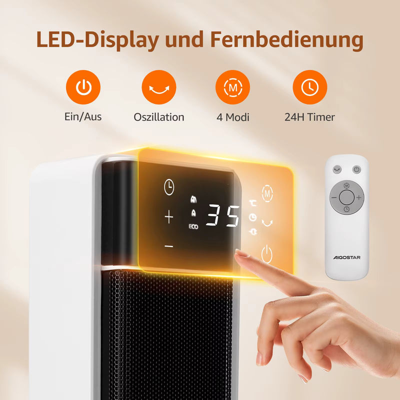 Aigostar Keramik-Heizlüfter mit Thermostat und Fernbedienung, 2000W, Weiß - Bild 3