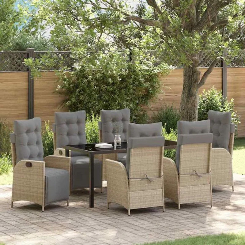 vidaXL Garten Essgruppe aus Poly-Rattan und Metall mit Glastisch in Beige, 7-teiliges Set für Erwachsene - Bild 1