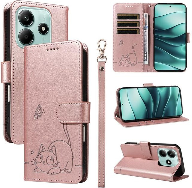 Magnetische Leder-Brieftasche Flip Cover Hülle für Xiaomi Redmi Note 8 8T 9 10 11 12 13 14 Pro 4G 5G mit geprägtem Katze und Schmetterling Design in Pink - Bild 1