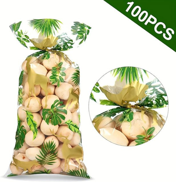 SZ-Damai Dschungeltier Cellophan-Leckerchentüten Set mit 103 Stück, Farben: Grün, Gold und Beige, inklusive 100 goldenen Twist-Bindern für Safari-Partys - Bild 1