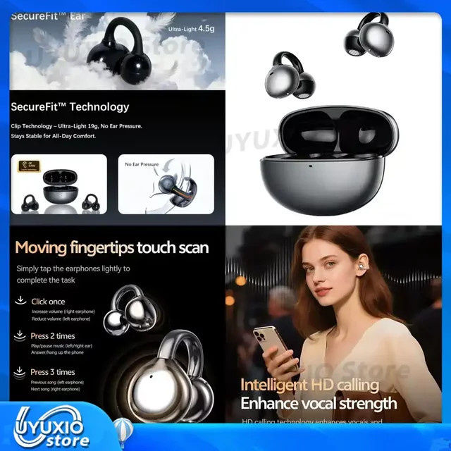 UYUXIO Kabellose Clip-On OWS Open-Ear Ohrhörer mit Bluetooth 5.4, Wasserdicht, Schwarz - Bild 1