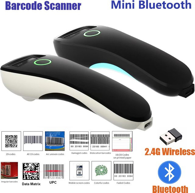 SYCREADER Tragbarer Mini Handheld Barcode Scanner mit Bluetooth, USB und 2,4 GHz Wireless für 1D 2D QR-Code und Datenmatrix in Schwarz und Blau - Bild 1