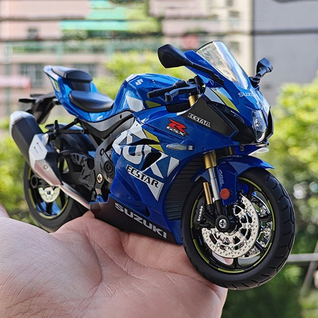 MAKEDA Miniatur Motorrad Modell Suzuki GSX1000R R1250GS im Maßstab 1:12 aus Metall mit Licht und Stoßdämpfung in Schwarz oder Blau - Bild 1