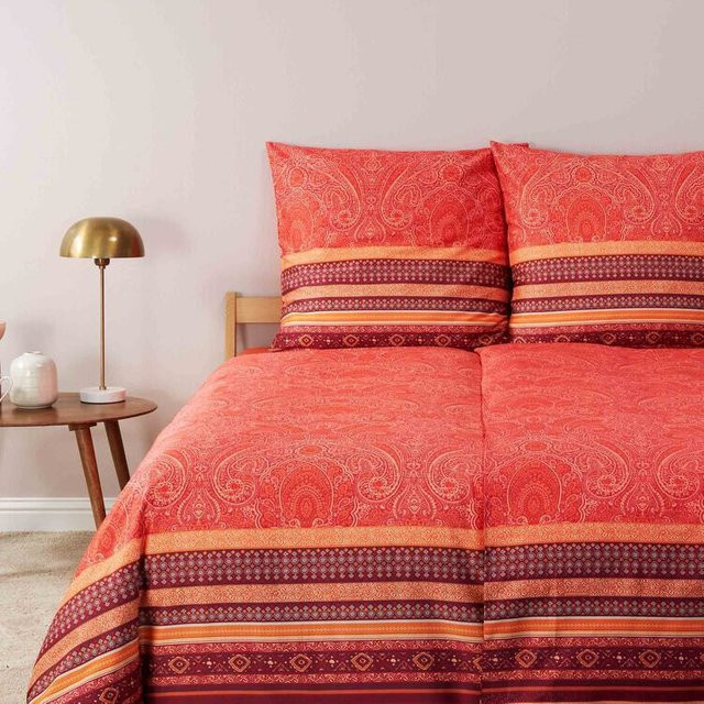 Bettwäschegarnitur Granfoulard Maser in Geranienrot mit floralem Design aus Baumwollsatin, B/H: 155 x 220 cm - Bild 1