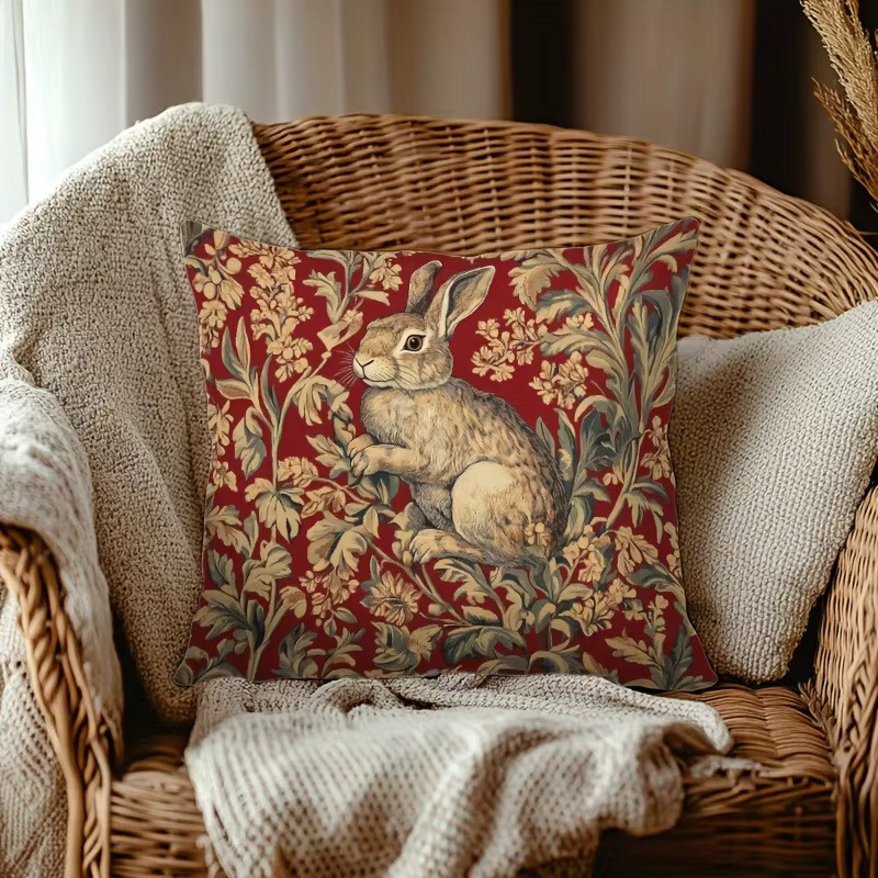 Dekorativer Kissenbezug von ZZN im Vintage-Kaninchen-Stil mit floralem Muster, Farbe Rot, Material Polyester, B/B: 45 x 45 cm - Bild 3