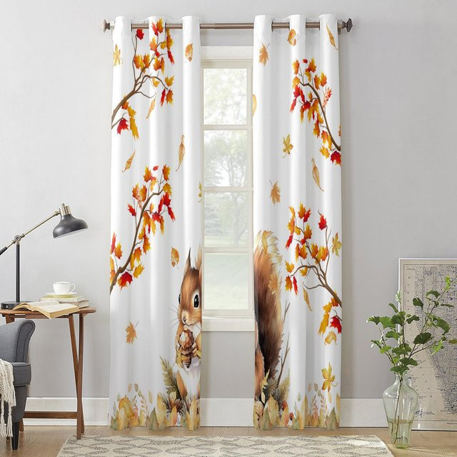 Super Six Vorhänge mit Herbst-Motiv Eichhörnchen und Ahornblatt, halbtransparent, Mehrfarbig, B: 70 cm, H: 100 cm, 2er-Set - Bild 1