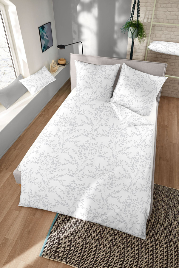 Dormisette Edel Biber Bettwäsche Blätter Rispen Weiß Silber B/H: 155 x 220 cm mit Kissenbezug 80 x 80 cm - Bild 1