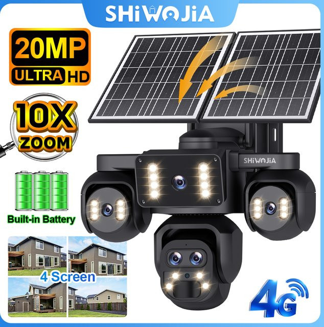 SHIWOJIA Solar-Kamera mit 20MP, 10X Zoom und 4G SIM, 5 Linsen mit 4 Bildschirmen, 360° Überwachung und automatischem Tracking, Schwarz - Bild 1