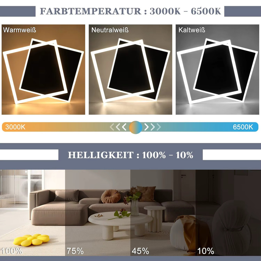 Cliheet 42W LED-Deckenleuchte aus Acryl in Weiß, dimmbar mit Fernbedienung, modernes Kreuz-Quadrat-Design für Wohnzimmer, Schlafzimmer, Küche und Büro - Bild 2