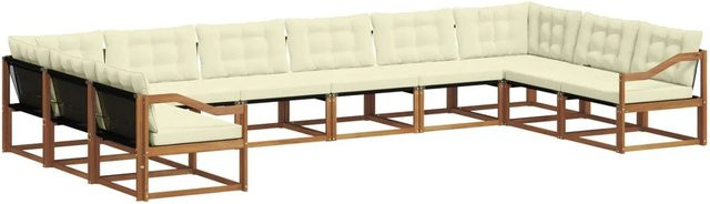 vidaXL Outdoor-Sofagarnitur aus massivem Akazienholz mit Textilene und Kissen, 10-teilig, Natur und Creme - Bild 1