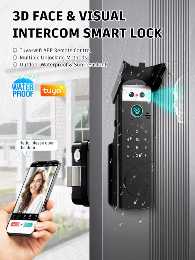 Tuya Smartlock mit 3D-Gesichtserkennung und Fingerabdruck, WiFi APP Steuerung, wasserdichtes digitales RFID Türschloss für Eisen-Tore und Haustüren, Farbe: Schwarz - Bild 6