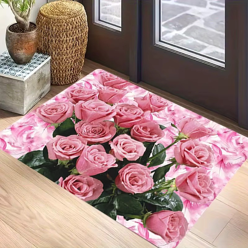 VIKAMA Bodenmatte mit rosa Rosenmuster, rutschfest und wasserabsorbierend, B/T: 60 x 40 cm - Bild 4