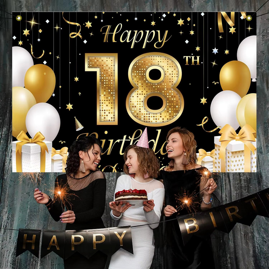 OURFETE Geburtstagsparty Banner Kulisse für den 18. Geburtstag in Schwarz-Gold mit Glitzer-Effekt und Buchstaben - Bild 3