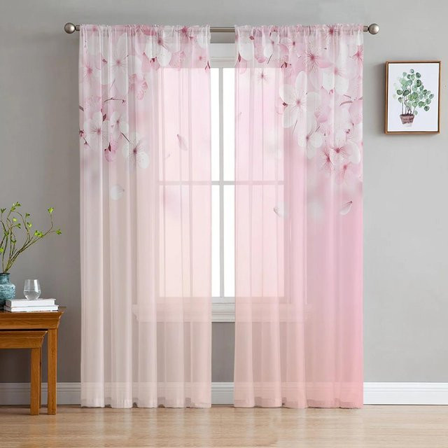 Yiran Furniture Transparenter Organza-Vorhang mit Japanischem Mount Fuji und Sakura-Blütenmuster in Pink, Breite: 135 cm, Höhe: 185 cm - Bild 1