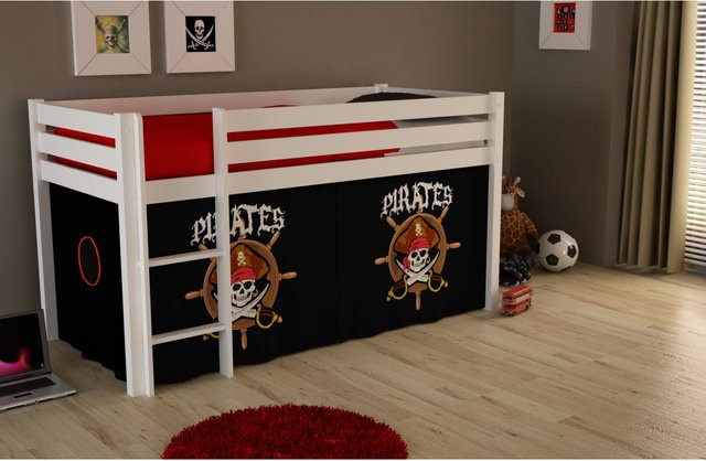 Vipack Spielbett Pino für Kinder aus massiver Kiefer mit Textilset Pirates in Weiß - Bild 1