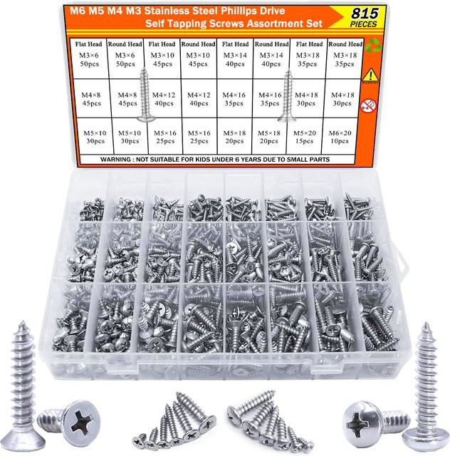 BOVILEVR 815-teiliges Holzschrauben-Set aus Edelstahl 304 mit Kreuzschlitz, selbstschneidend, verschiedene Kopfvarianten für Trockenbau und Metall - Bild 1