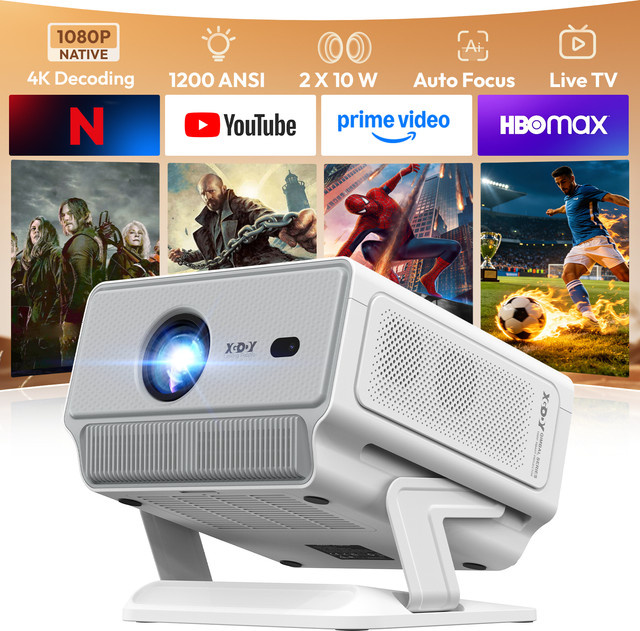 XGODY Smart Android 4K Projektor mit Autofokus und WiFi, Native 1080P Full HD, 1200 ANSI Lumen, Weiß - Bild 1