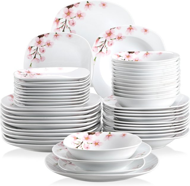 VEWEET ANNIE Porzellan-Geschirrset mit floralem Design in Weiß, 24-teilig oder 48-teilig für 6 oder 12 Personen - Bild 1