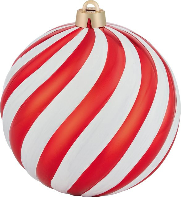 OBI Weihnachtskugel aus Kunststoff in Rot-Weiß mit Streifenmuster, Durchmesser: 14 cm - Bild 1