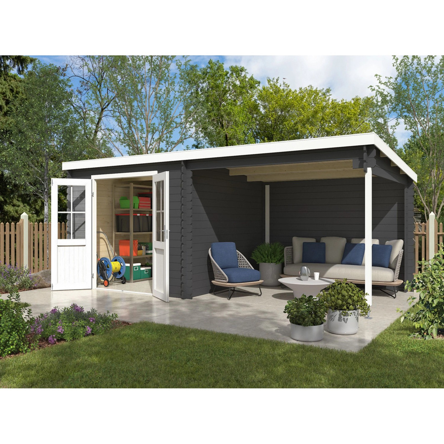 Lasita Gartenhaus Orlando Blockhaus mit Anbaudach in Dunkelgrau, Wandstärke 28 mm, B/T/H: 595 x 309 x 211 cm - Bild 2