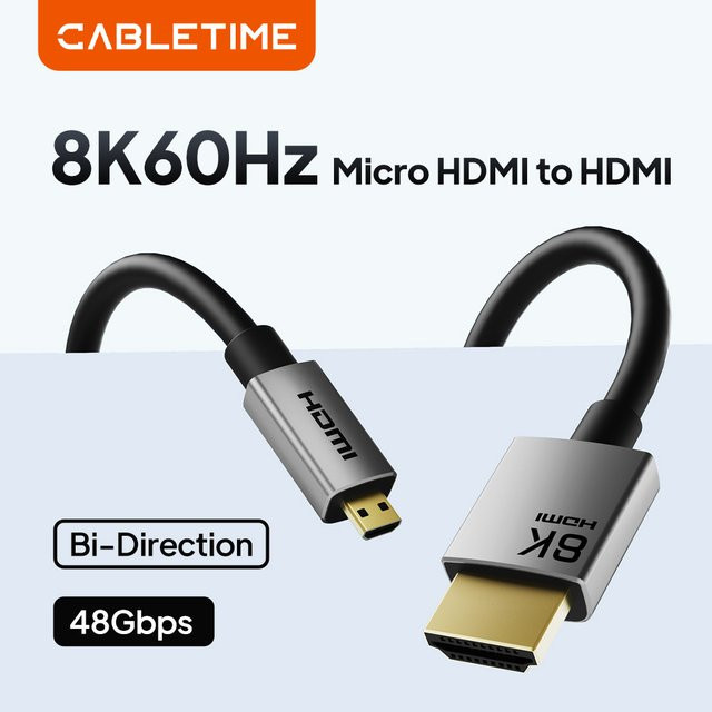 CABLETIME Micro-HDMI-Kabel 2.1 in Schwarz für 8K/60Hz und 3D-Effekt zur Hochgeschwindigkeits-Datenübertragung von HD zu Micro-HDMI für Kamera, Laptop und HDTV - Bild 1