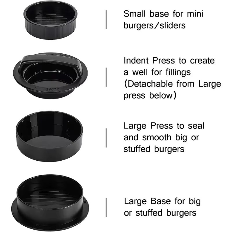 3-in-1 Hamburgerpresse aus Kunststoff für Rind-, Gemüse- und Slider-Patties, Schwarz, Rund - Bild 3