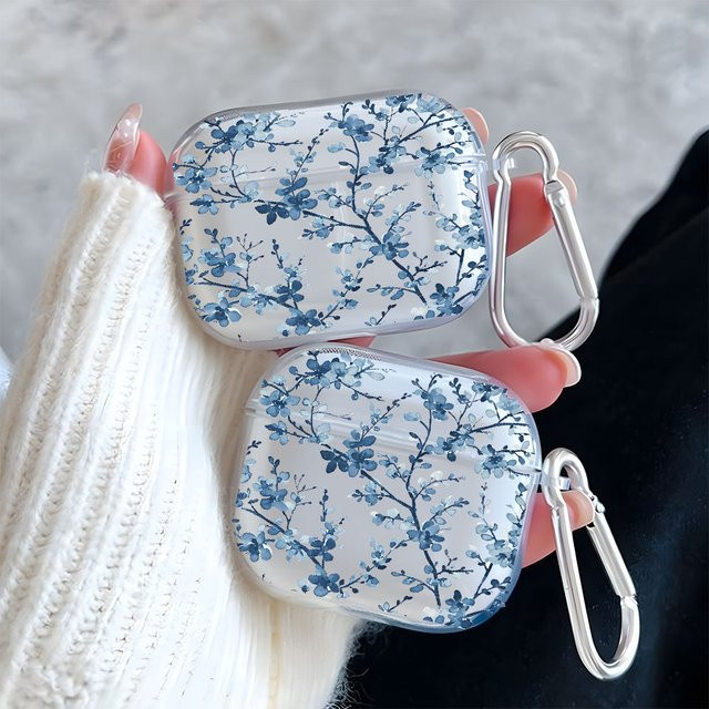 Elegante transparente Kopfhörerhülle mit blauem Blumenmuster für Apple AirPods 1/2/3/4 und AirPods Pro 2/Pro 3 aus TPU - Bild 1