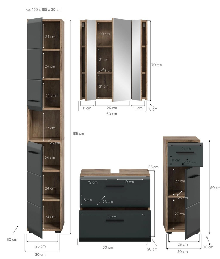 Badmöbel Set Cover 4-teilig in Schwarz und Eiche, modern und matt, mit Waschtischunterschrank, Spiegelschrank, Hochschrank und Seitenschrank, Breite: 150 cm, Höhe: 185 cm, Tiefe: 30 cm - Bild 3