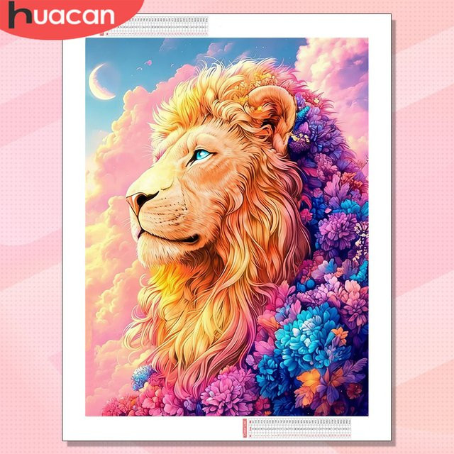 HUACAN Diamantmalerei Set mit Löwe und Pfingstrosen, 5D Diamantmosaik mit runden Steinen in Multicolour - Bild 1