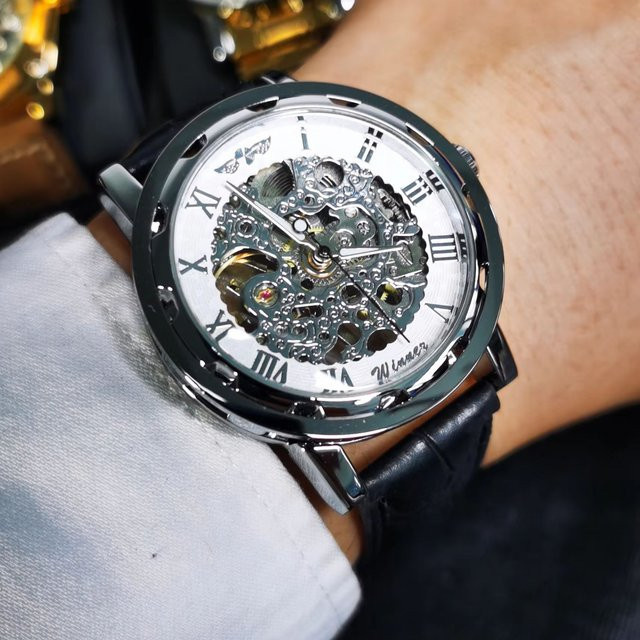 WINNER Armbanduhr, Mechanische Automatik, Leder, Herren, Weiß, Silber - Bild 1