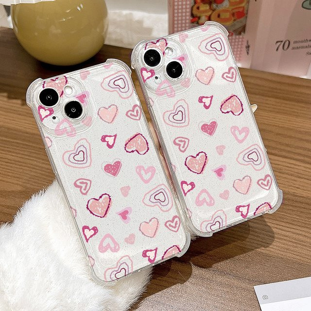 Stoßfeste Silikon-Handyhülle mit Glitzer-Herz-Design für Apple iPhone 17 Pro Max, 16, 15, 14, 13, 12, 11 und Air, Farbe: Transparent - Bild 1