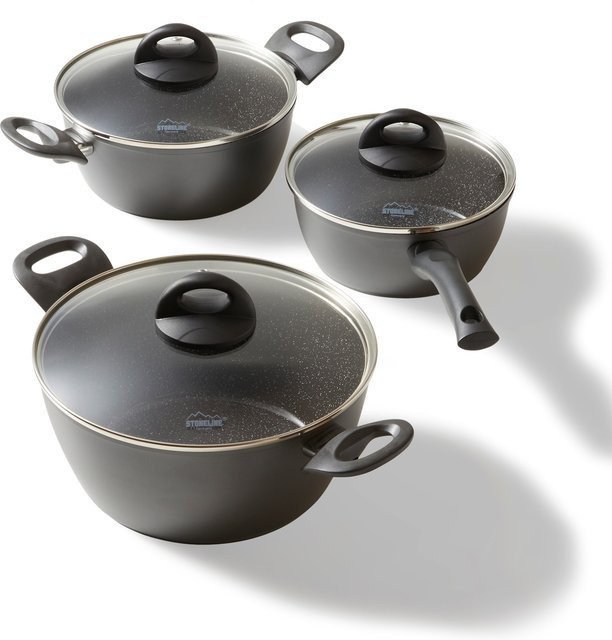 STONELINE Ceramic Topfset für Induktion, 6-teiliges Kochgeschirr-Set in Grau mit Keramik-Antihaftbeschichtung, echten Steinpartikeln und Glasdeckeln - Bild 1