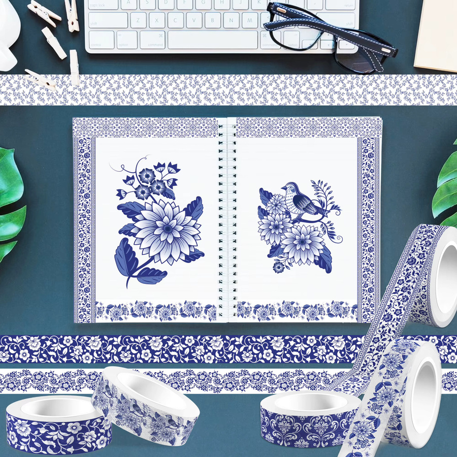 12 Stück Washi Tape Set mit blau-weißem Porzellan-Design und Blumenmustern für Scrapbooking und DIY Dekoration - Bild 3