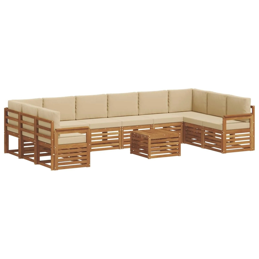 vidaXL Sofagarnitur aus Massivholz Akazie in Natur und Beige, 11-teiliges L-Shape Set mit Polsterung und Kissen - Bild 2
