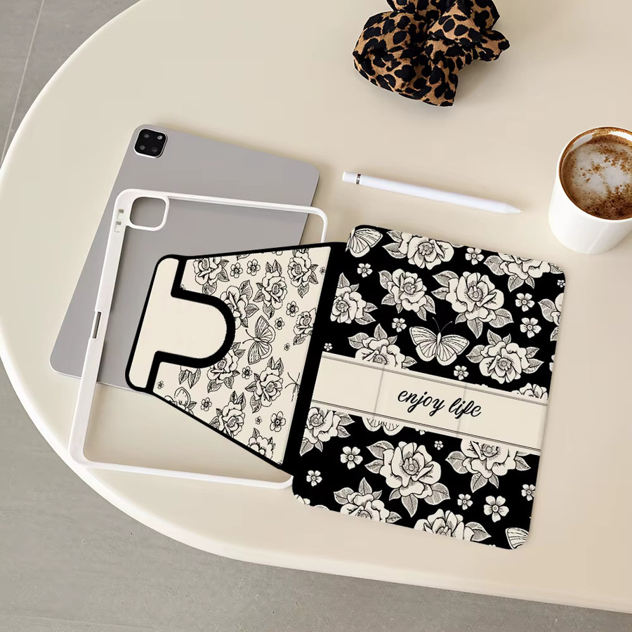 Schwarz-weiße Tischhülle mit Rosenmuster für Apple iPad Modelle in den Größen 9,7 Zoll bis 13 Zoll - Bild 3
