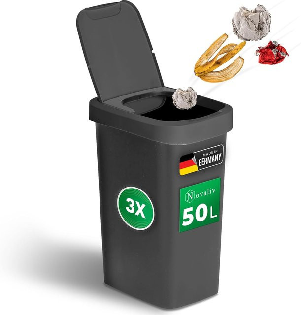 Novaliv 3er-Set Mülleimer 50L mit 2in1 Klapp- und Schwingdeckel, Anti-Geruch Abfallbehälter aus Kunststoff, Grau - Bild 1